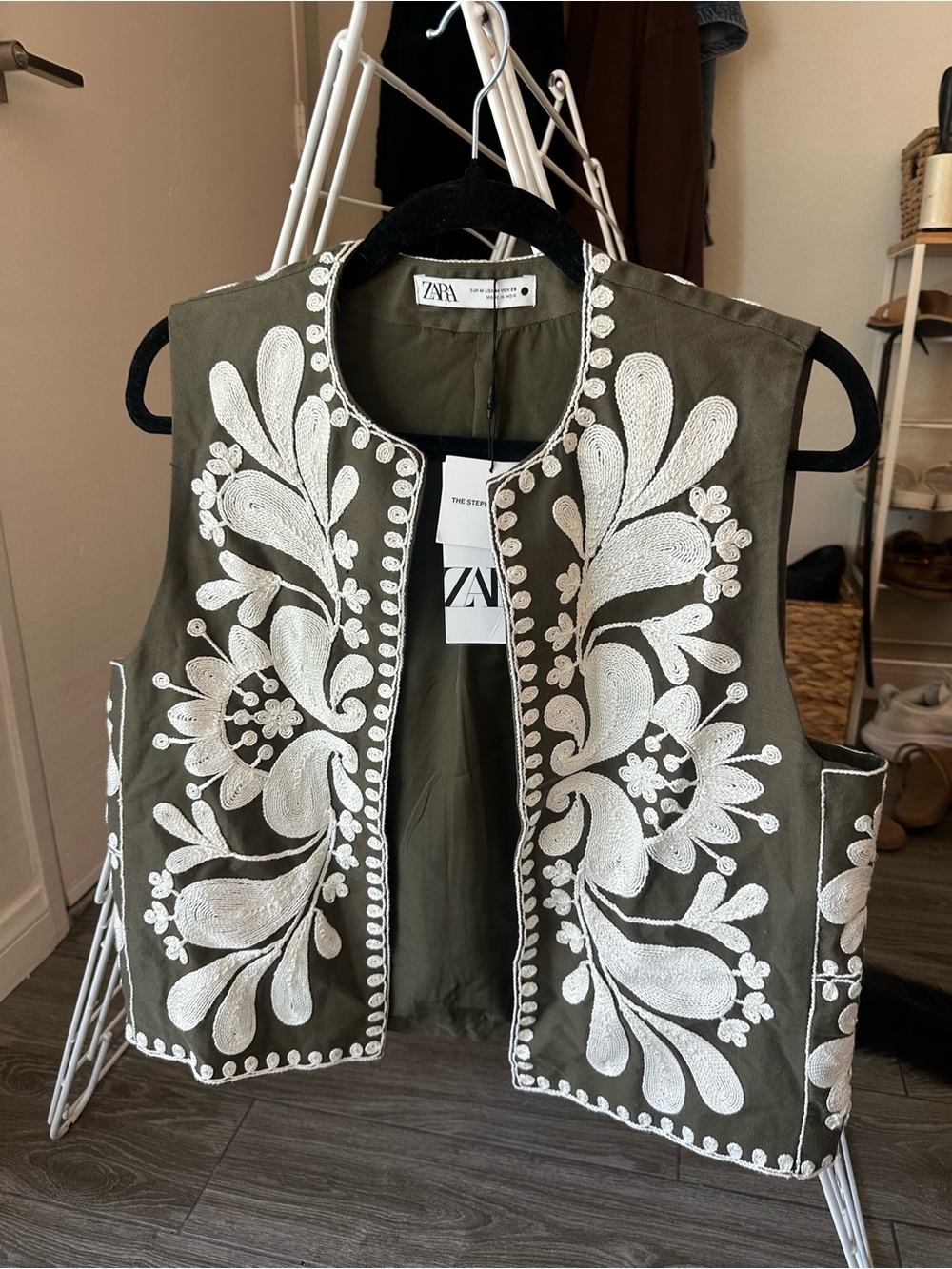 ZARA Olive Green Embroidered Sleeveless Vest, White Floral Detailing Stephanie